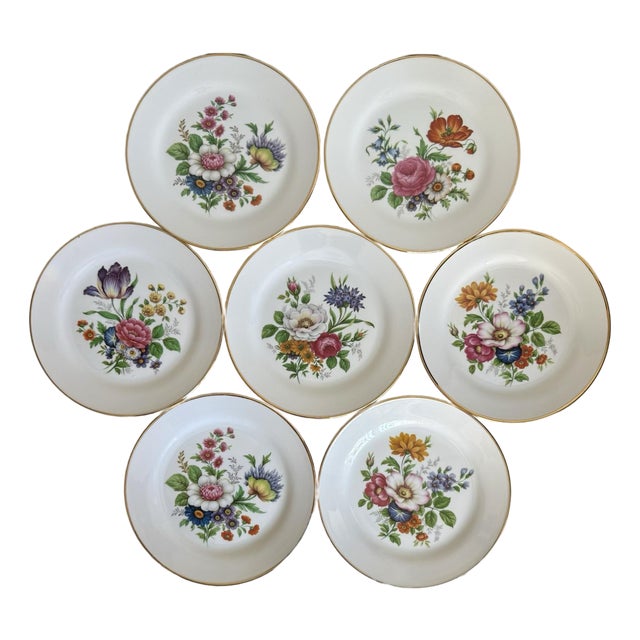 Set of 7 Mid-Century JKW Bavaria Fine Porcelain Floral Plates Made in Western Germany For Sale