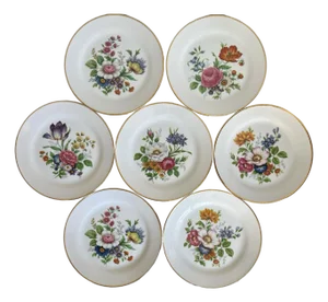Set of 7 Mid-Century JKW Bavaria Fine Porcelain Floral Plates Made in Western Germany