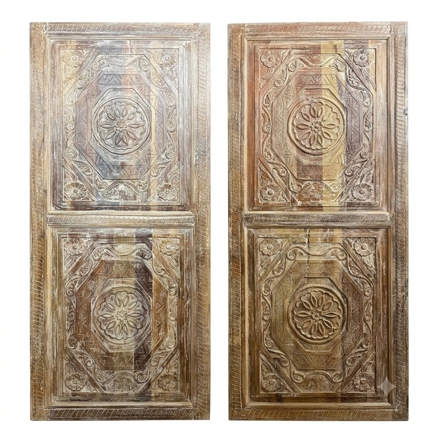 Make a grand architectural statement with this pair of vintage hand-carved entry doors, crafted from solid reclaimed wood...