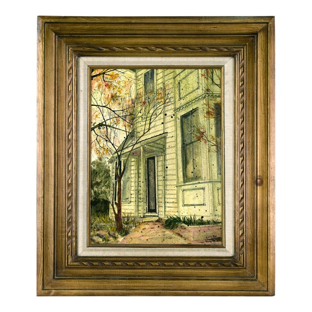Green Victorian House With Autumn Leaves by Linda Webb For Sale