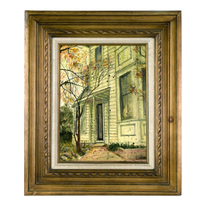 Green Victorian House With Autumn Leaves by Linda Webb