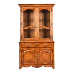 Ethan Allen French Provincial Louis XV Solid Birch Lighted Breakfront Bookcase Cabinet