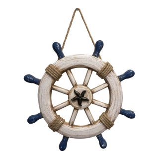 Nautical Ship Wheel Wall Decor With Starfish, Coastal Beach House Hanging, Blue White Maritime Decor For Sale