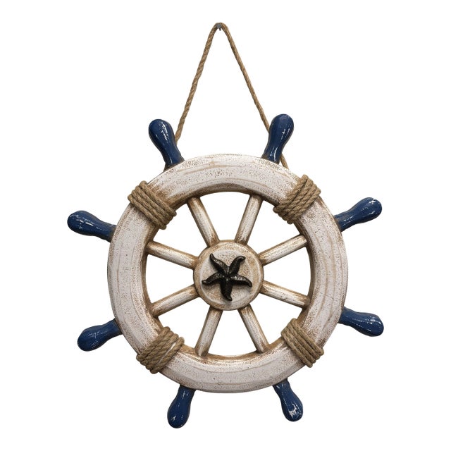 Nautical Ship Wheel Wall Decor With Starfish, Coastal Beach House Hanging, Blue White Maritime Decor For Sale