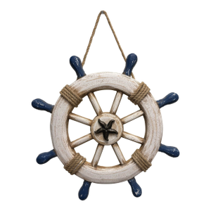 Nautical Ship Wheel Wall Decor With Starfish, Coastal Beach House Hanging, Blue White Maritime Decor