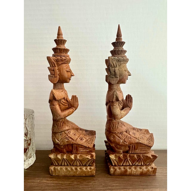 Wood Vintage Teak Wood Thai Thepphanom Guardian Angels – Hand-Carved Buddhist Prayer Figures For Sale - Image 7 of 10