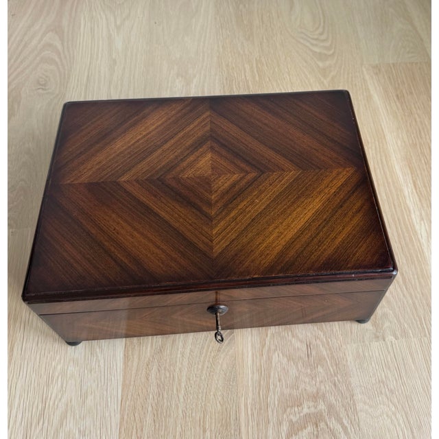 Theodore Alexander Diamond-Matched Walnut Veneer and Solid Walnut Jewelry Box, Valet Box or Document Chest With Keys For Sale - Image 10 of 12