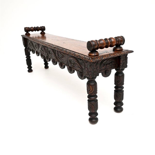 Antique Victorian Carved Oak Bench, 1870s For Sale - Image 4 of 12