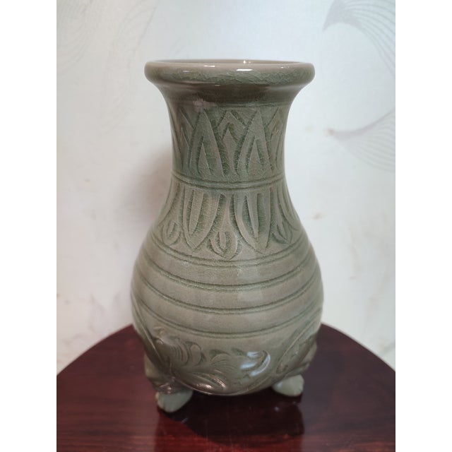 Chinese Ceramic Censer Hand Carved Yaozhou Ware Celadon Three Legs Censer For Sale In Seattle - Image 6 of 12