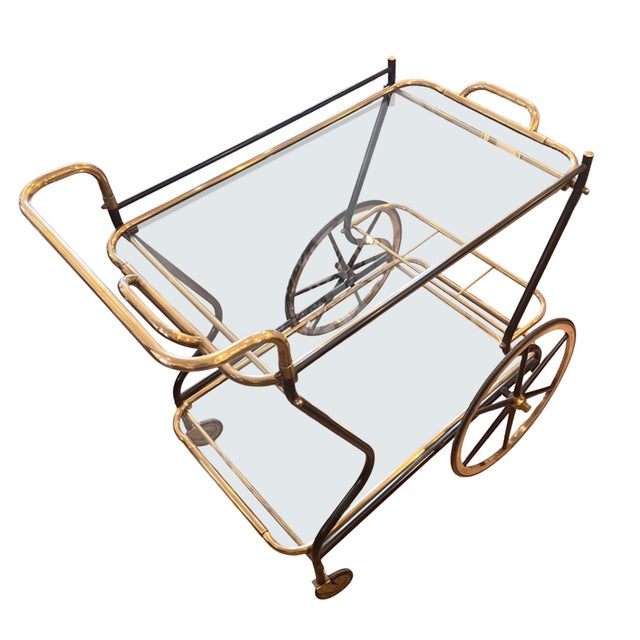 Mid-Century Modern Mid-Century Modern Italian Brass and Glass Bar Cart with Lifting Top Tray, 1950s For Sale - Image 3 of 6