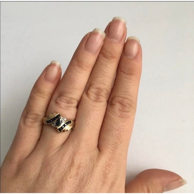 Sapphire & Diamond Cocktail Ring 10k Gold Marquise Cut Vintage 90s Size 7 For Sale - Image 6 of 6