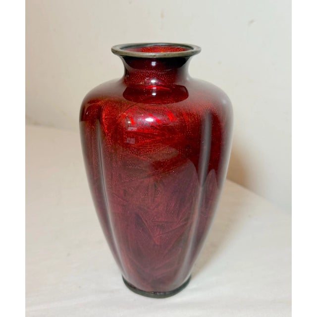Japanese Antique Japanese Ginbari Red Foil Enamel Bird Bamboo Bronze Guilloche Vase Asian For Sale - Image 3 of 18