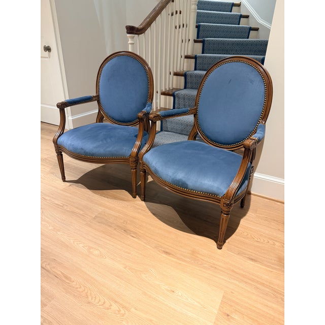 Pair of Ultra Suede Blue Louis Style Armchairs For Sale - Image 9 of 9