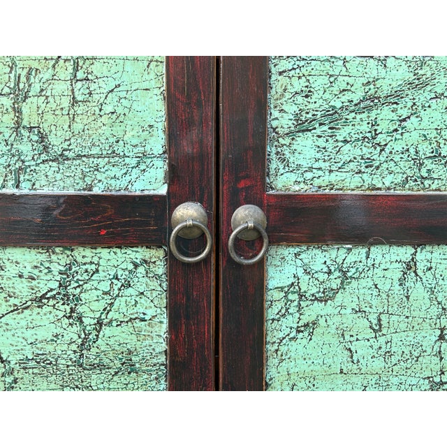 Chinese Distressed Turquoise Brown Large Armoire Wardrobe Cabinet For Sale - Image 12 of 15