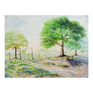 Vintage 1972 Landscape and Bluebonnets Painting For Sale