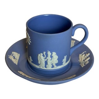 Vintage Wedgwood Pale Blue Jasperware Sacrifice Collection, Demitasse Cup & Saucer, C. 1950s For Sale