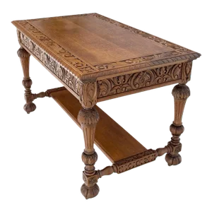 Carved Oak Small Partners Desk Console Writing Table