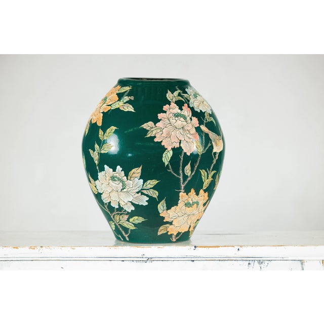 Green Ceramic Vase with Birds, Butterflies, and Floral Decoration For Sale - Image 11 of 12