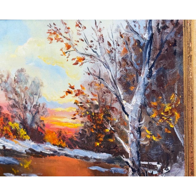 Vintage Original Oil Painting H. Robinson Winter Sunset Landscape Signed Framed For Sale - Image 10 of 11