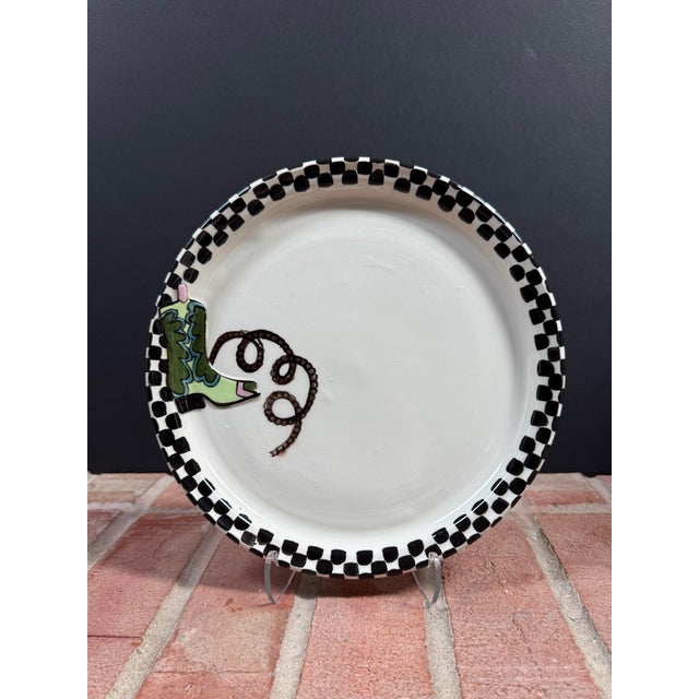 Mackenzie Childs Robin Sterling for Barneys New York Handmade Pottery Western Style Cowboy Boot Checkerboard Plates - Set of 6 For Sale - Image 4 of 12