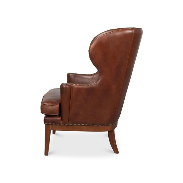 Modern Transitional Brown Leather Wing Chair For Sale - Image 3 of 11