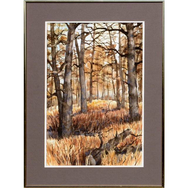 1970s "Autumn Forest" Earth-Tone Vertical Landscape Watercolor Painting with Trees by Kay Swanson For Sale - Image 9 of 9
