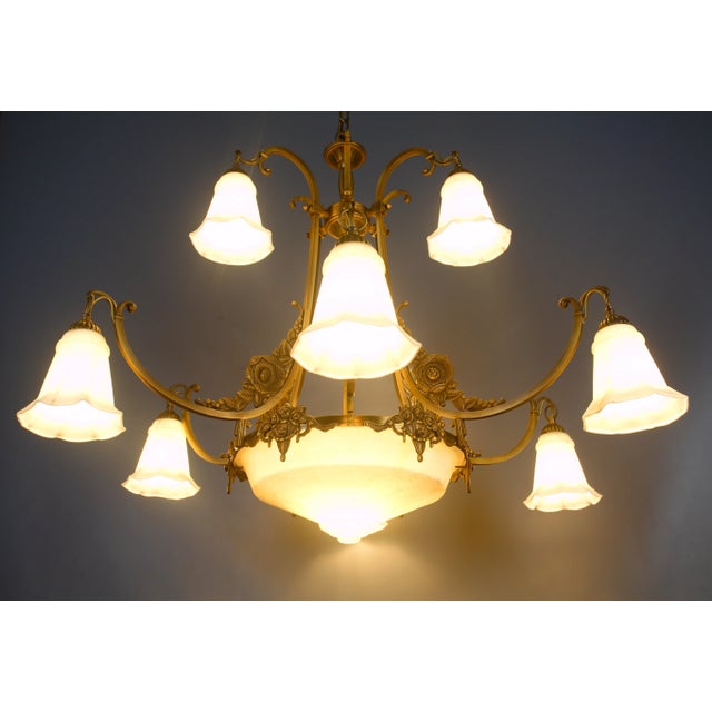 Art Nouveau Brass Chandelier with Glass Shades For Sale - Image 3 of 6