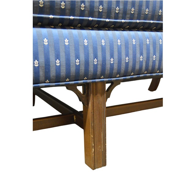 Wood Late 20th Century Ethan Allen Chippendale Style Cameback Sofa W Stretcher Base and Rolled Arms For Sale - Image 7 of 9