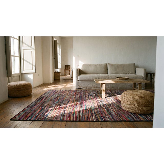 1920s Multicolor Stripe Geometric Antique American Hooked Rug 6' 6" X 11' 2" Hand Knotted Wool Carpet For Sale In New York - Image 6 of 7