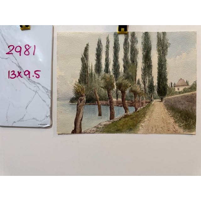 Paint Early 20th Century Attributed to Frank Henry Mason Riverside Road Poplar Trees Landscape Watercolor For Sale - Image 7 of 7