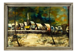 Mid Century Jacallo 'Architectural Landscape' Signed Oil on Canvas Painting