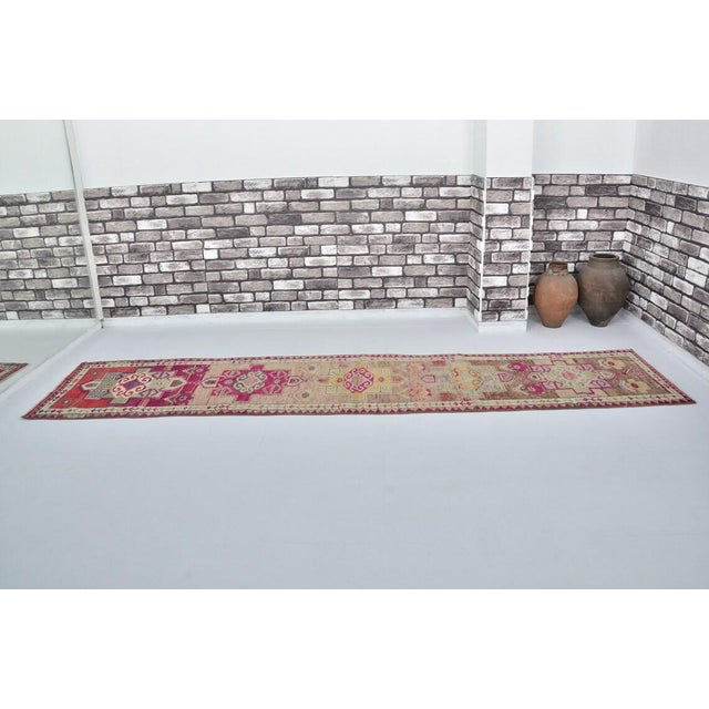Tribal Vintage Anatolian Wool Runner, Hand-Woven Kilim With Rich Magenta and Traditional Tribal Motifs For Sale - Image 3 of 10