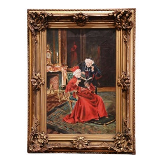 19th Century French Priest Oil Painting in Carved Giltwood Frame Signed M. Valle For Sale