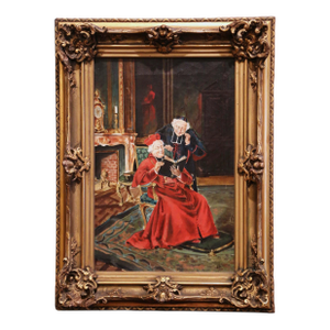 19th Century French Priest Oil Painting in Carved Giltwood Frame Signed M. Valle