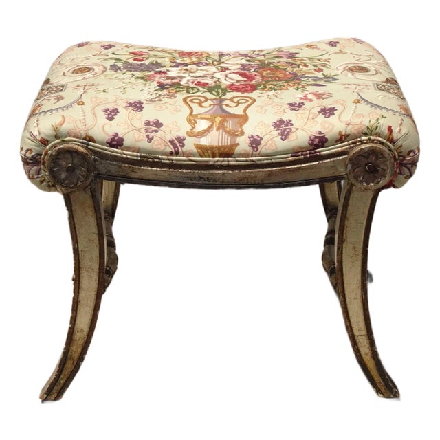 Vintage French Country Floral Vanity Bench W Silver Gilt Base #2 For Sale