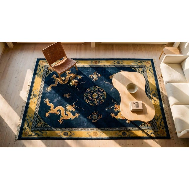 Delightful Navy Blue and Gold Color With Dragon Design Antique Chinese Art Deco Rug For Sale - Image 15 of 15