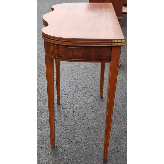 Pair of 19th Century Federal Satinwood Inlaid Mahogany Fold Top Card or Console Tables For Sale - Image 12 of 15