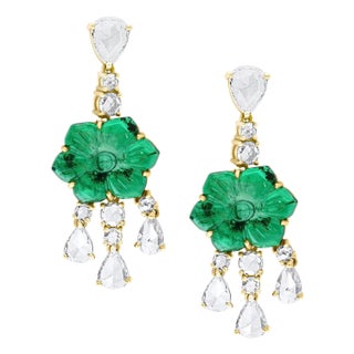 12Ct Carved Emerald & 5 Ct Rose Diamond Dangling Post Earrings 22 Kt Yellow Gold For Sale