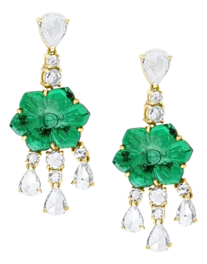 12Ct Carved Emerald & 5 Ct Rose Diamond Dangling Post Earrings 22 Kt Yellow Gold