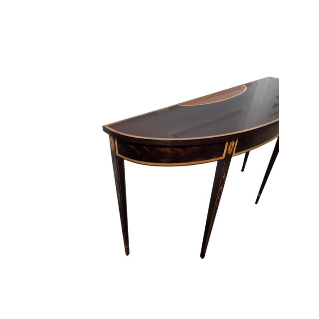 Traditional 1980s Stickley Federal Style Demilune Mahogany Inlaid Yew Wood Hall Console Table For Sale - Image 3 of 18