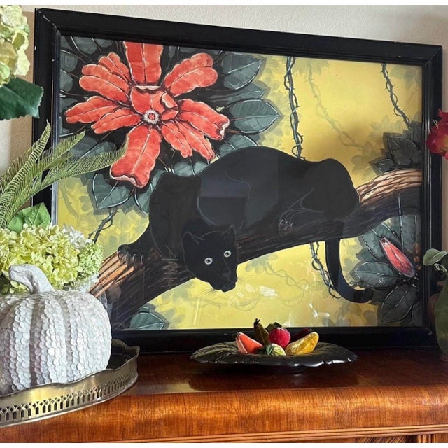 An original signed painting by California artist, actor and decorator Billy Seay, depicting a black panther stretched...