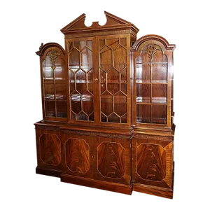 1990s Century Furniture Georgian Style Flame Mahogany Bookcase Cabinet Breakfront