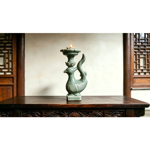 Art Deco Chinese Ceramic Oil Lamp Hand Carved Yue Ware Celadon Phoenix Statue Oil Lamp For Sale - Image 3 of 11