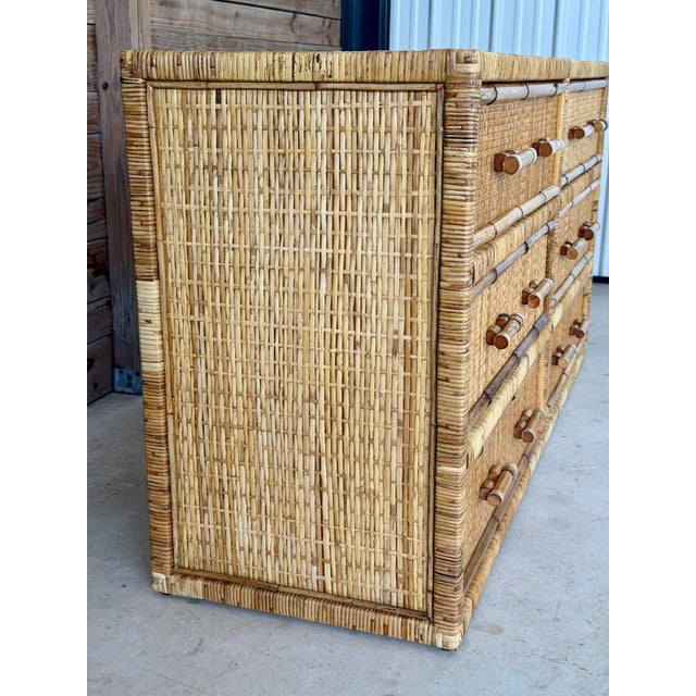Wood Vintage Pencil Reed Rattan 6-Drawer Dresser With Cane Drawer Fronts For Sale - Image 7 of 12