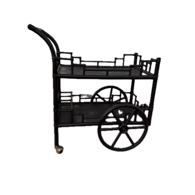 Wood Circa 1970s Vintage Chinoiserie Ebonized Rattan Bar Cart For Sale - Image 7 of 7