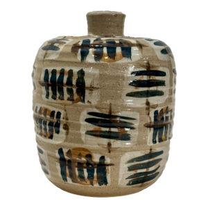 Mid 20th Century Studio Pottery Lidded Vase Signed Rh – Hand-Thrown Stoneware With Brush Glaze Design