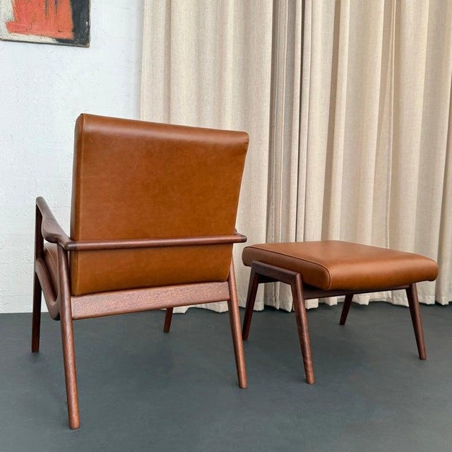 Copper 1950s Mid-Century Modern Walnut and Leather Lounge Chair Ottoman Set by Mel Smilow For Sale - Image 8 of 11