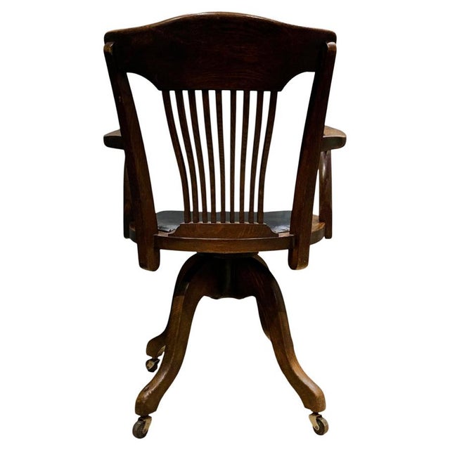Antique Victorian Oak Railback Clerks Desk Chair with Porcelain Castors, 1890s For Sale - Image 9 of 12