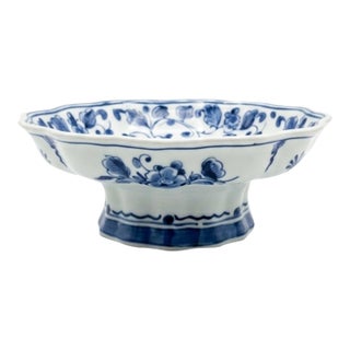 1967 Royal Delft Hand-Painted Blue & White Pedestal Fruit Bowl - Shape 1652 For Sale