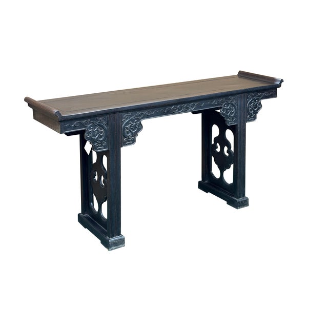 1980s Vintage Rosewood Dark Brown Black Stain Dragon Relief Carving Altar Table For Sale - Image 5 of 12